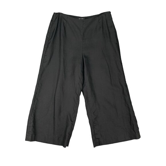 Lafayette 148 Gaucho Linen Pants Womens 8 Solid Black Wide Leg Side Zip Cropped - Picture 1 of 12